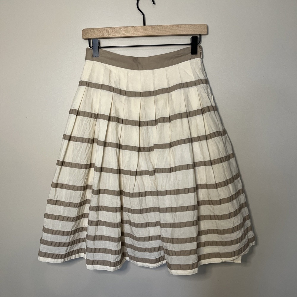 Club‎ Monaco Pleated Circle Skirt Ivory Taupe Striped Lined Sz 2